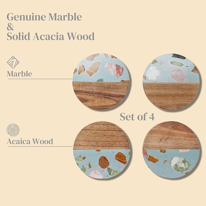 Drink Acacia Wood-Marble Coasters Set of 4, Cup Coaster - Image 6