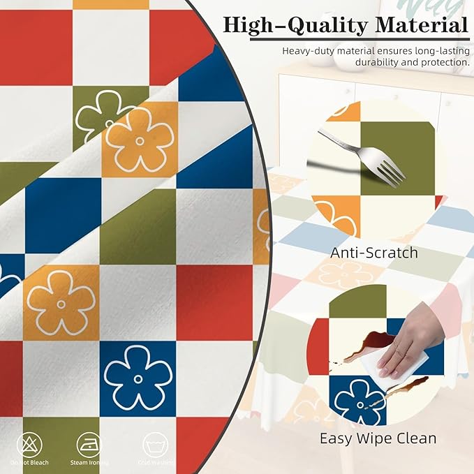 Laeacco 36 Inch Plaid Round Tablecloth Colorful Buffalo Plaid Flower Modern Geometric Abstract Art Print Table Cloth Washable Waterproof Wrinkle Free Table Cover for Kitchen Dining Picnic Party Decor