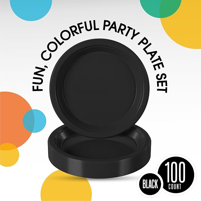 Black Plastic Plates For Party 7" Black Disposable Plates Heavy Duty 100 Pcs Plastic Dinnerware Sets Heavy Duty 350 GSM Disposable Dinnerware Set