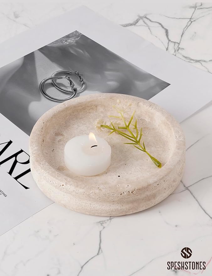 Marble Jewelry Dish 5 Inch Handmade Travertine Ring Holder - Trinket Tray for Vanity & Aesthetic Room Decor, Stone Key Bowl & Candle Plate for Entryway Table,