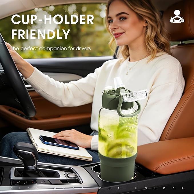 SIEROZUR 32 oz Glass Tumbler with Straw, Glass Water Bottles with 2 Lids-Handle Spout Lid & Straw Lid, 1 Liter Motivational Water Bottles, Silicone Sleeve, Fits Car Cup Holder,Amber