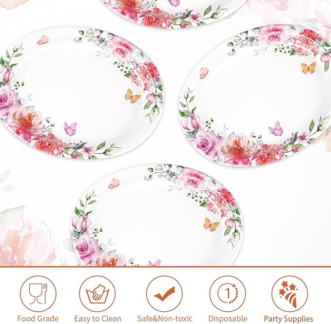 Grencian 50Pcs Floral Oval Paper Plates 10" x 12" Disposable Pink Rose Floral Party Plates Spring Pink Flower Dinnerware for Wedding Tea Party Birthday Bridal Baby Shower Mother's Day Decorations