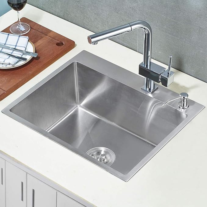 ROVATE 21.6-inch Drop-in Topmount Kitchen Sink, 304 Stainless Steel Kitchen Sink Single Bowl, Handmade Bar Sinks Overmount