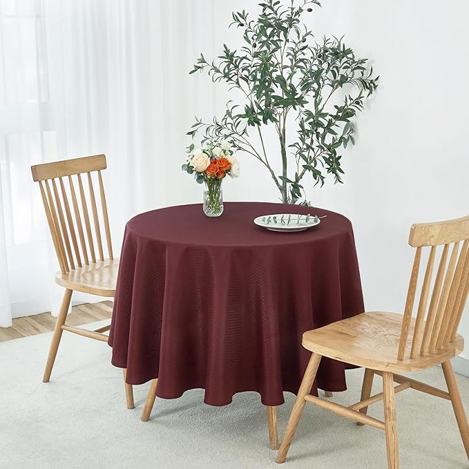 maxmill Round Weaved Texture Design Tablecloth Spill-Proof Wrinkle Free Soft Washable Table Cloth for Circular Table Cover, for Dining Room Buffet Banquet Parties Holiday Dinner, 90 Inch Burgundy
