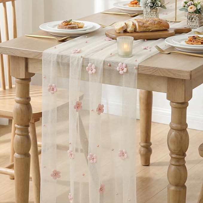 Artoid Mode Pink Flower Pearl White Gauze Table Runner 10FT 3PC, Seasonal Sheer - Image 6