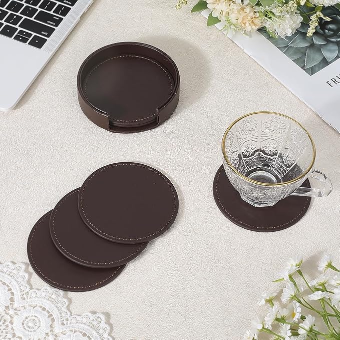 6PCS PU Leather Coasters for Table Protection 4 Inch Round Drink Cup Holders - Image 3