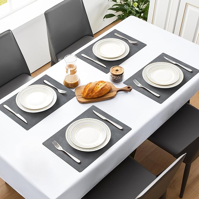 MOSAYT Vinyl Placemats Set of 6-12 X 17 Inch - Faux Leather 100% Waterproof Oil-Proof Wipeable PU Place Mats, Heat Resistant Reversible Table Mats for Kitchen, Dining, Outdoor (Grey)