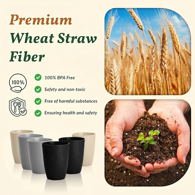 Homienly Premium Wheat Straw Cups Set of 6, Reusable 16oz Water Glasses - Image 4