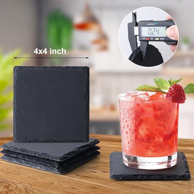 Slate Coasters Set of24,4-Inch Black Square Stone Drink Coasters with Scratch-Resistant Backing,Durable Tabletop Protection for Home Office Kitchen,Ideal Housewarming Wedding Gifts