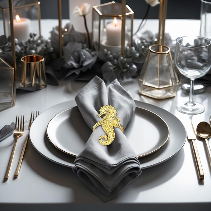 Decozen Set of 4 Gold Napkin Rings in Sea Horse Design, Festive, Table Decor Setting for Holiday, Wedding, Birthday, Kitchen, Home Decor, Housewarming Gift - Mothers Day Decorations