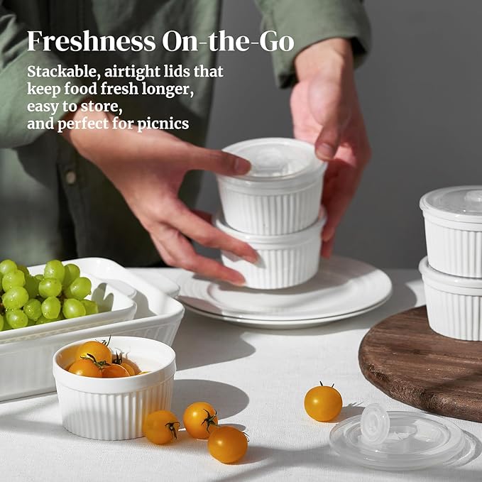 DOWAN Ramekins 8 oz Oven Safe with Lids, Creme Brulee Ramekins Bowls, Porcelain Ramiken Souffle Dishes, Custard Cups for Baking, Small Bowls for Pudding Dip Sauces Charcuterie Dessert, Soft White, Set of 6