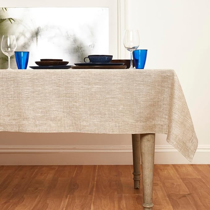 Solino Home Linen Tablecloth 60 x 144 Inch - 100% Pure Linen Champagne Beige Table Cloth for Rectangle Tables - Athena, Machine Washable Tablecloth for Spring, Easter