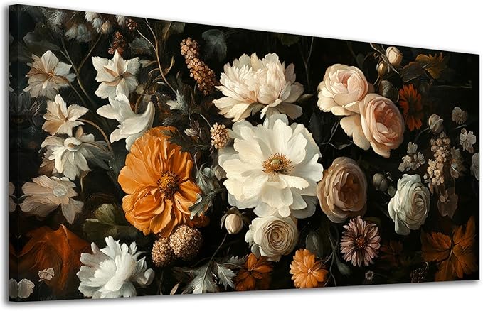 ADJUVANT Wall Art Vintage Floral Bouquet 60" L x 30" W, Flowers Peonies And Roses Canvas Painting Botanic Artwork Blossoms Prints Floral Wall Decor for Living Room Bedroom Dining Room Home Office