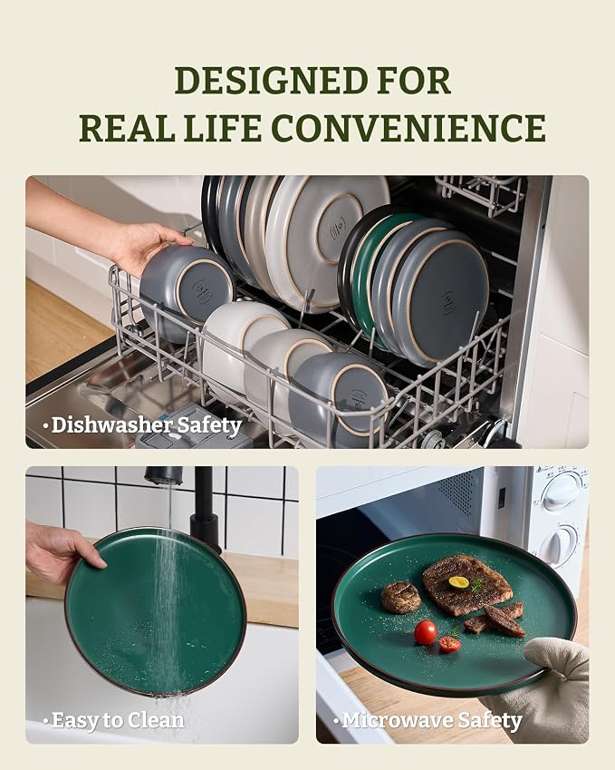 Famiware Mercury 24-Piece Stoneware Plates and Bowls, Dark Green | Dinnerware - Image 7