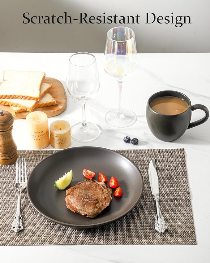 Dinner Plates Set of 6, 10 Inch Stoneware Plates for Salad, Appetizer, Dessert, Farmhouse Dinnerware Dishes for Christmas Thanksgiving Gift, Microwave & Dishwasher Safe, Matte Black