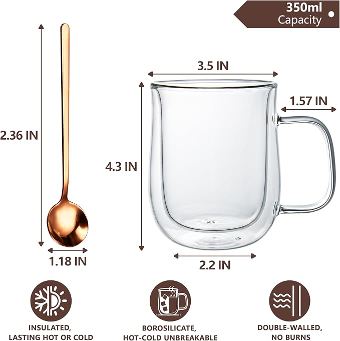 Double Walled Glass Coffee Mugs 12 OZ, Borosilicate Glass Coffee Cups Set of 2 - Image 2