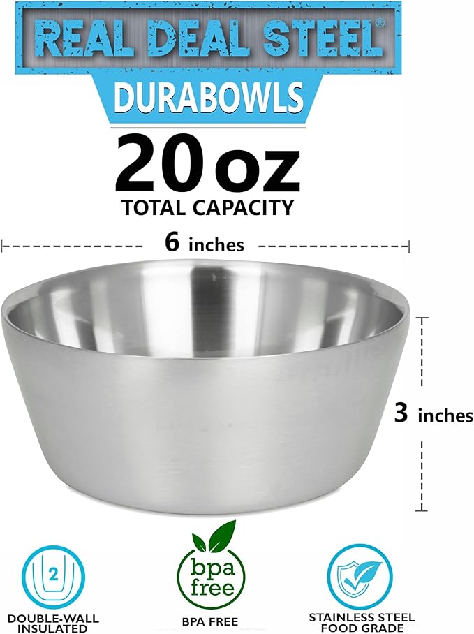 Stainless Steel Insulated Bowls for Kids and Adults - 20 Oz Double Wall Metal Bowls for Ice Cream, Soup, Cereal, Snack, Rice Dish, Camping Bowl (Stainless Steel)