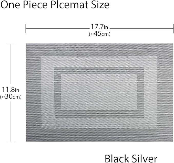 PIGCHCY Placemats - Heat Resistant, Washable Woven Table Mats - Durable Vinyl - Set of 4 (Silver Black)