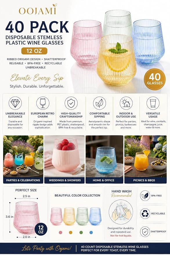 40 Pack Disposable Stemless Plastic Wine Glasses 12 oz - Image 3