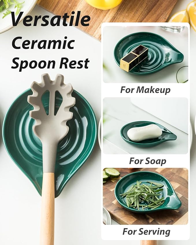 LAUCHUH Spoon Rest for Stove Top, 5 inch Ceramic Cooking Spoon Holder for Kitchen Countertop, Large Utensil Rest for Spatula, Ladle, Spoons or Tongs, Framhouse Decor, Green