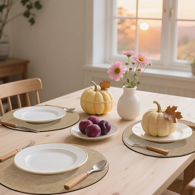 homing 15 Inch Round Cloth Placemats Set of 6, Cotton Linen Blend Washable Table Mats, Farmhouse Dining Place Mats for Indoors & Outdoors, Easy to Clean, Linen
