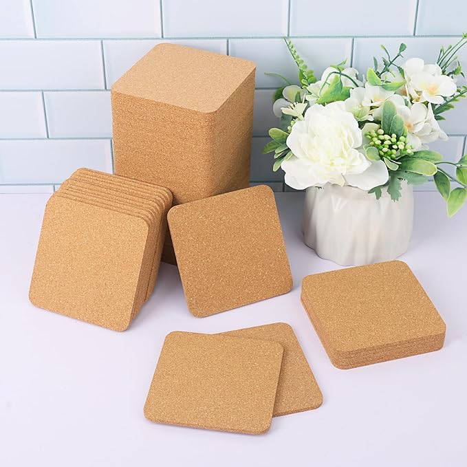 130 Pieces 4 x 4 Inch Cork Coasters for Drinks, 100 mm Square Cork Coasters, Non-Slip, Heat-Resistant, Absorbent & Reusable, Perfect for DIY Crafts and Home Tabletop Decoration