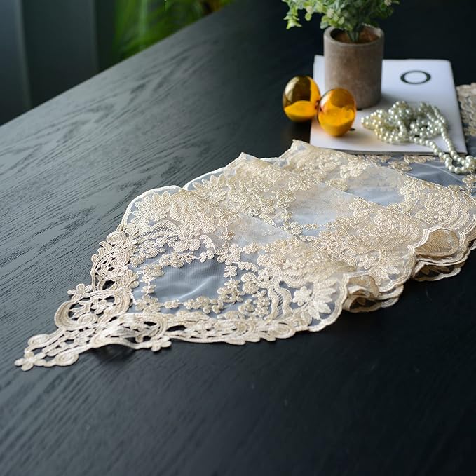 SUTAVIA Lace Table Runner 12"×96" Gold Embroidered Dresser Scarf | Classic - Image 2