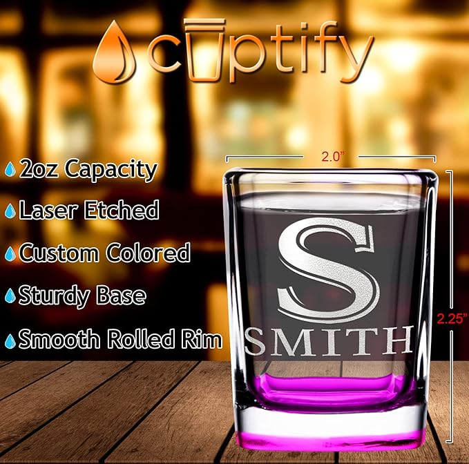 Personalized Square Shot Glasses Set of 12 Pink Bottom 2oz Engraved Initial and Name Custom Gifts, Weddings, Birthdays, Bachelorette Party and Decorations for Women
