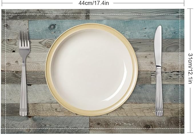Rustic Plank Placemat Set, Vintage Old Shabby Colorful Beige Brown Blue Farmhouse Barn Wooden Board Pattern Home Decor Linen Table Mats for Dining Room Kitchen Party (17x12in) x2P