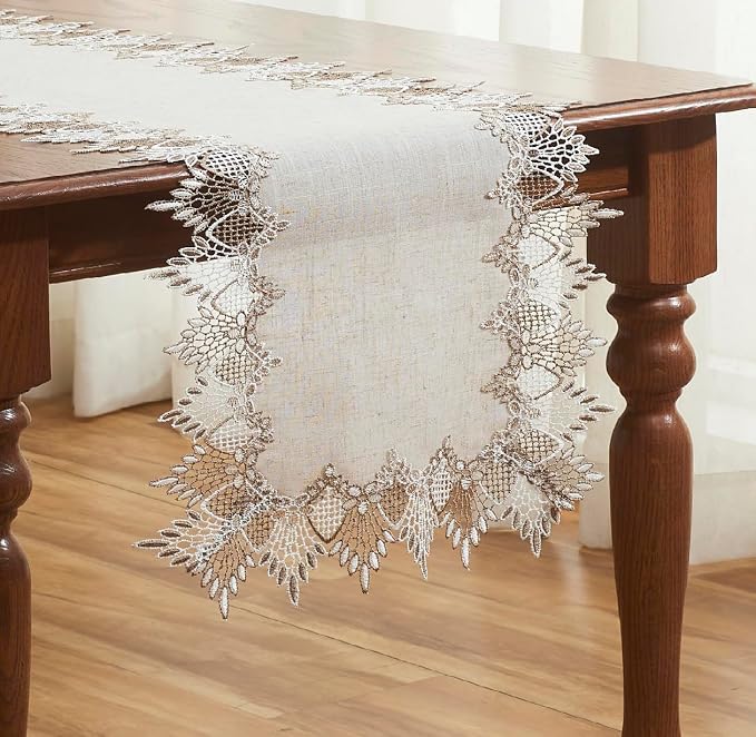 Natural Linen Table Runner 120 inches Beige Lace Coffee Table Runner | French - Image 3