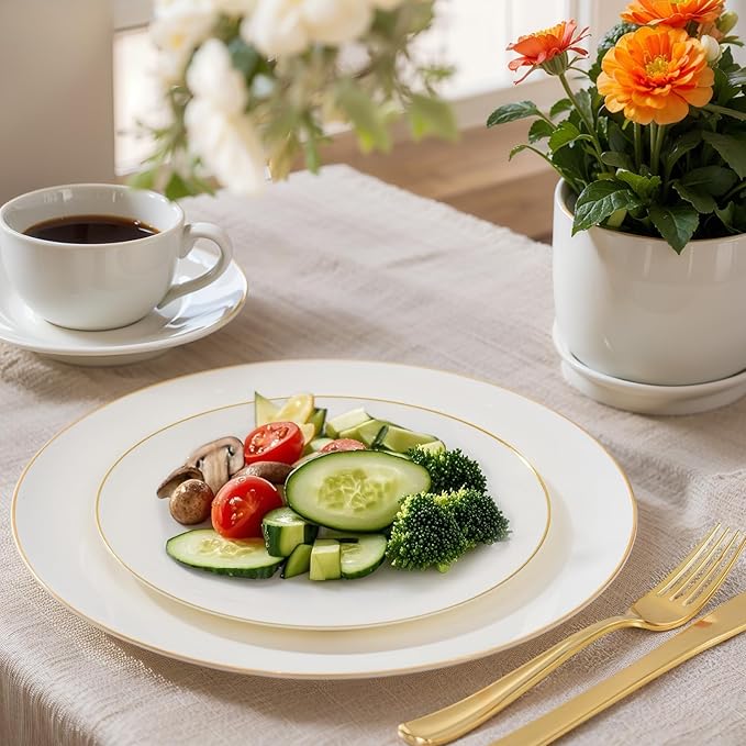 Nervure 100Pcs Ivory and Gold Plastic Plates - 10.25inch Disposable Ivory Dinner Plates - Heavy Duty Plastic Plate Ideal for Wedding & Party
