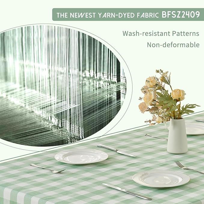BALCONY & FALCON Rectangle Gingham Table Cloth – Water-Resistant Cotton Blend Washable Checkered Tablecloth for St. Patrick's Day, Outdoor Picnic, Camping, Kitchen (Green White, 55x71 Inch)