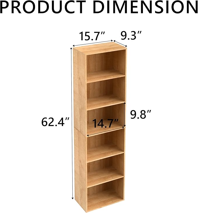 Wooden 6 Cube Storage Organizer, Classic Oak 6 Cube Storage Shelf, 6 Tier Closet Organizers Storage Cubes Display Cubby, Versatile Cubes Open Bookshelf and Cubby Organizer for Any Space 15.7inch