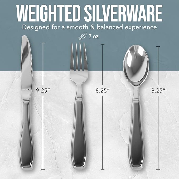 BUNMO Weighted Utensils for Hand Tremors - Elderly, Weak Hand Grip & Handicapped - Stainless Steel - Eat Independently - Weighted 3 Piece Set