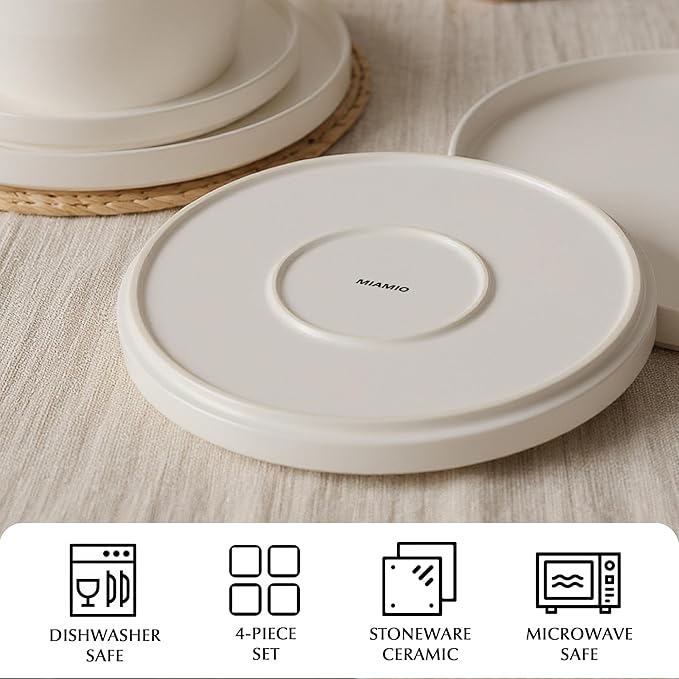 MIAMIO – Ceramic Dinner Plates Set for 4 People/Ceramic Dinnerware 4-Piece, Modern Stoneware, Dishwasher & Microwave Safe – Luxe Collection (White, 10 Inch)