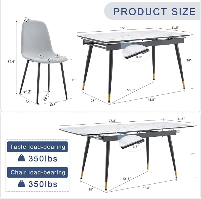 Extendable Dining Table Set for 6, 55'' to 78.8'' Rectangular Thickened Sintered Stone Kitchen Table with 6 Upholstered Chairs, Modern Space Saving 7-Piece Dinner Table Set