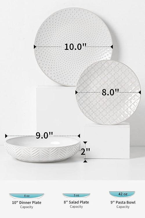 18-Piece Embossed Ceramic Dinnerware Set–6 Dinner Plates,6 Salad Plates,6 Pasta Bowls,Elegant & Durable Tableware,Dishwasher & Microwave Safe,Perfect for Family & Entertaining