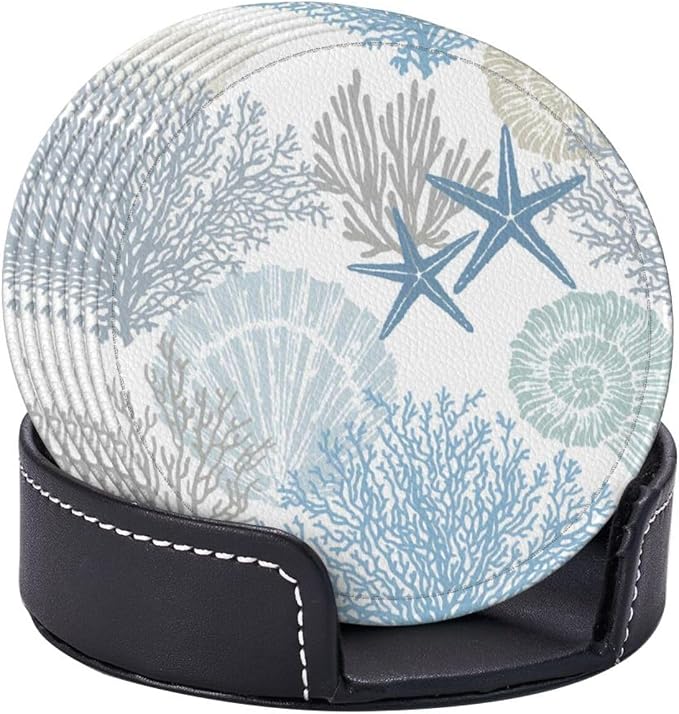6 Pcs Sea Life Coral Starfish Print Blue Plant Leather Coasters - Image 6