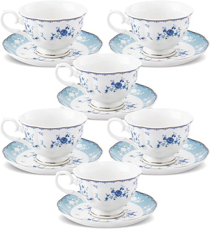 fanquare Blue Rose Porcelain Tea Cup and Saucer Set by fanquare