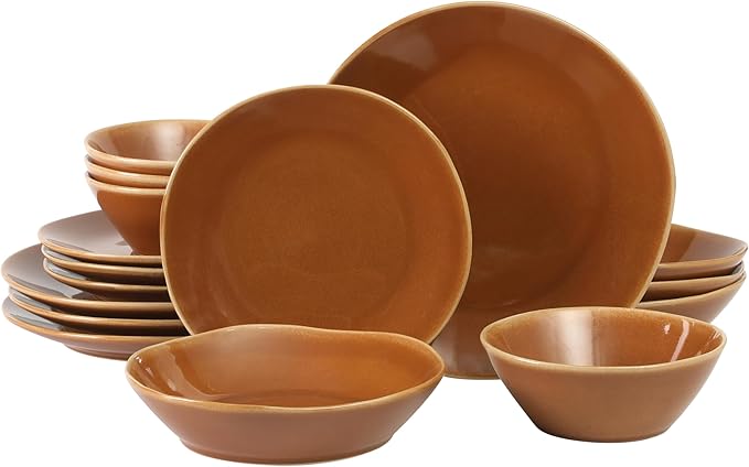 Bloomhouse - Two Time Oprah's Favorite Things Winner - Montecito Breeze 16 Piece (Service for 4) Double Plates and Bowls Stoneware Reactive Glaze Dinnerware Set - Terracotta Canyon