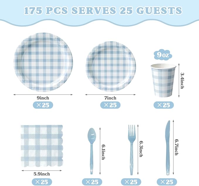 Vyntra 175 Pcs Blue & White Checkered Gingham Paper Plates and Napkins Set - Image 2