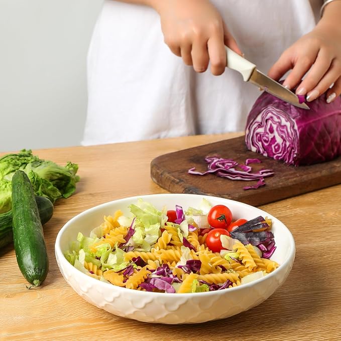 Sureasy Pasta Bowls Set of 4-30oz Large Ceramic Embossed Bowl Plates, 8.5 Inch Wide and Shallow Plate Bowls, Salad Bowl, Microwave, Oven & Dishwasher Safe, White