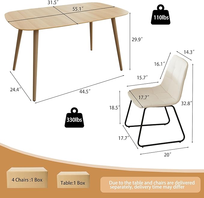 55'' Scratch Resistant Modern Wood Dining Table for 4 with Leather U-Shaped Chairs - Kitchen Dining Room Furniture (Easy to Assemble, Pet Friendly Surface, White Chair
