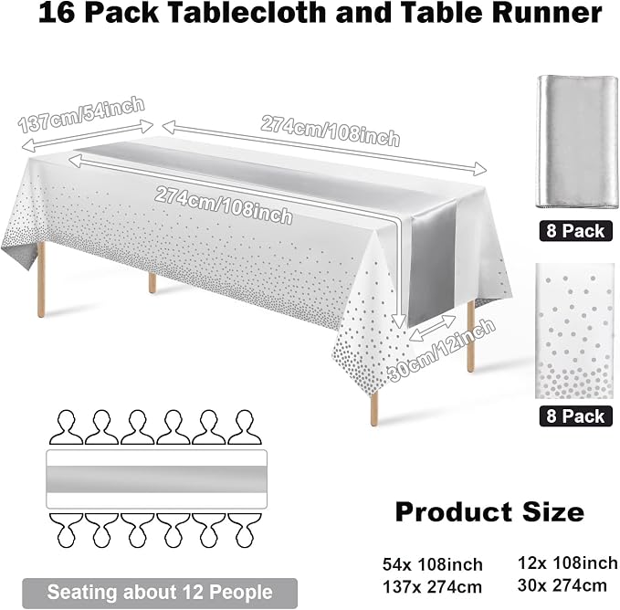 MASHAN 16Pack Disposable Plastic Tablecloths and Satin Table Runner Set White - Image 2