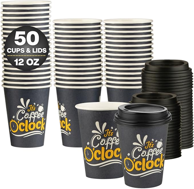 Disposable Coffee Cups with Lids, To Go Paper Hot Cups, Coffee O'Clock Design by SMYGOODS