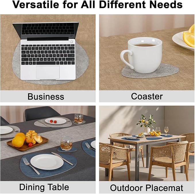 Placemats and Coasters, Washable Placemats Round Faux Leather Wipeable Place Mats Non Slip Heat Resistant Indoor Outdoor Table Mats (Set of 4, Light Gray Navy Blue)