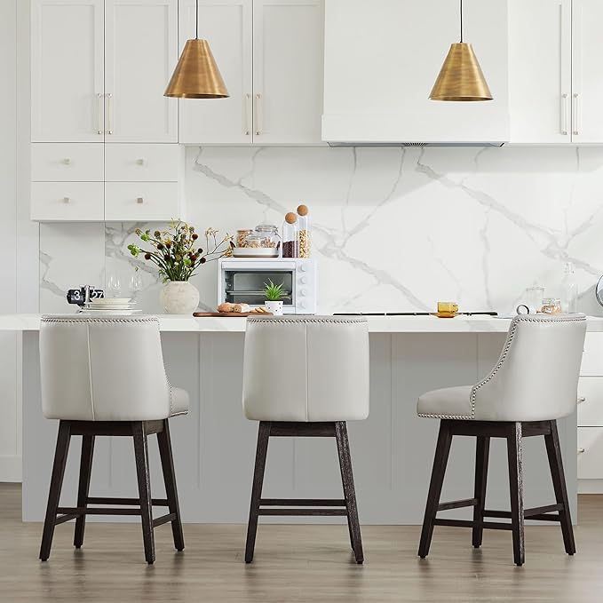 CHITA Counter Height Swivel Bar Stools Set of 3, FSC Certified Upholstered Counter Stools, Modern Swivel Barstools with Wood Legs for Kitchen Island, 26" Seat Height, Faux Leather in Creamy Grey