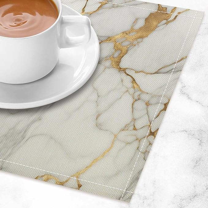 Marble Linen Placemats Set of 2, Modern Abstract Foil Texture White Gold Marble 12x17 Inch Washable Table Mats Non Slip Placemats for Wedding Party Kitchen Banquets Dining Decoration