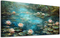 ADJUVANT Wall Art Impressionist Water Lily Pond 48" L x 24" W, Lotus Flower Canvas Painting Nature Artwork Green Water and Pink Blooms Prints Wall Decor for Living Room Bedroom Study Home Office