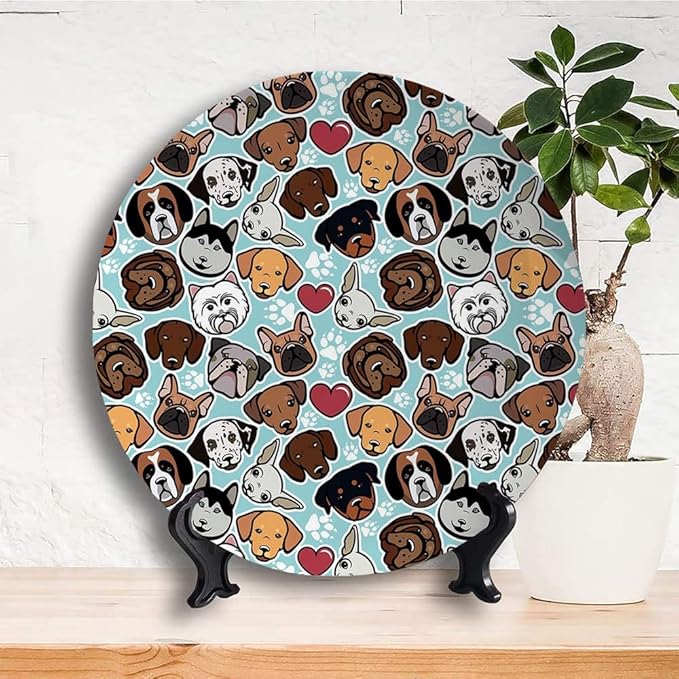 Ceramic Plates, Dog Lover Decorative Ceramic Plates, Canine Breeds Bulldog Chihuahua Siberians and Retriever, 10 Inch, Household Plates Decorative, Multicolor